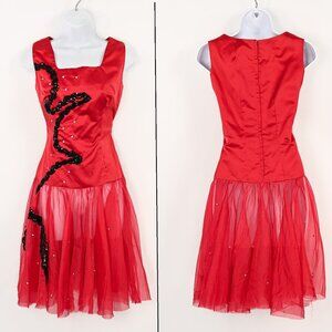 Vintage 80s Red Satin & Black Sequin Sleeveless Dance Costume